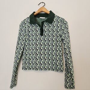 ZARA Retro Pattern Collared Long Sleeve Shirt Green 70s‎ Cropped S